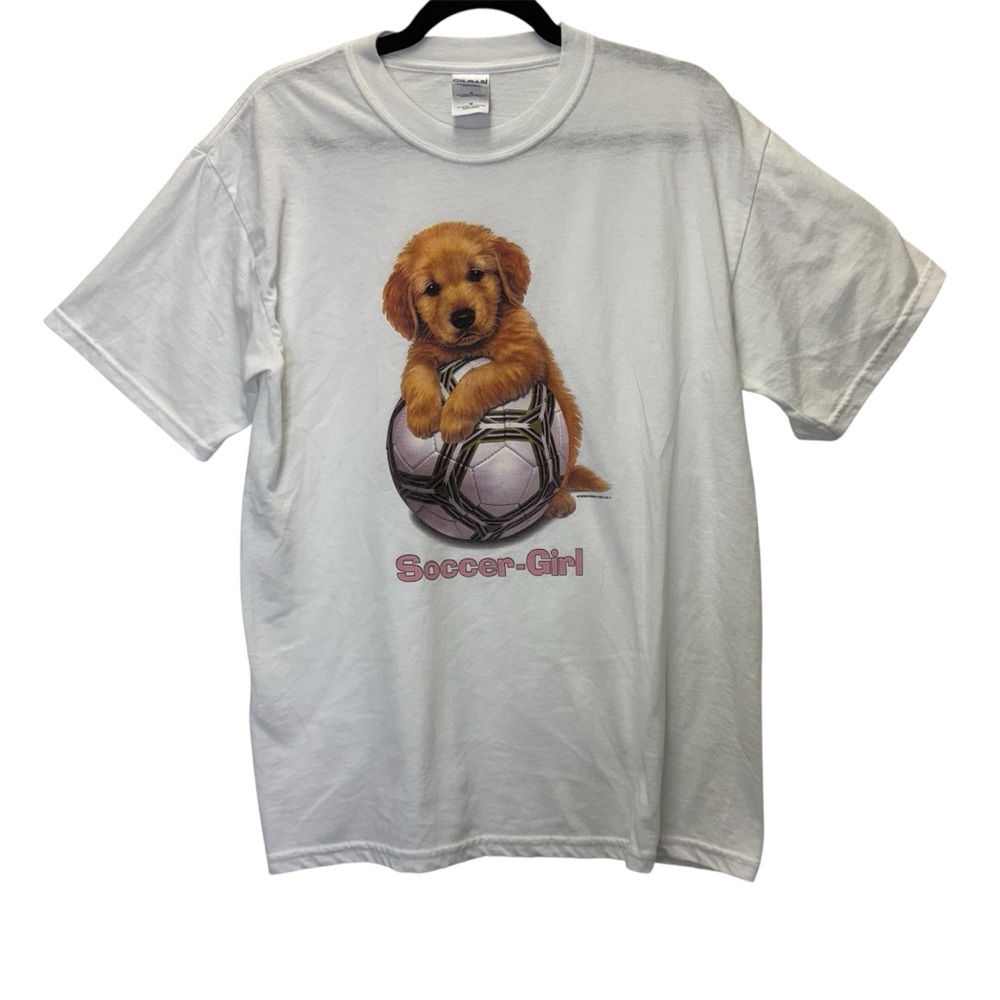 Vintage Y2K Soccer-Girl Golden Retriever Graphic T-Shirt Size Medium